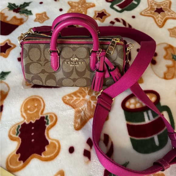 Coach Signature Tan and Pink Mini Crossbody Bag - Picture 1 of 2